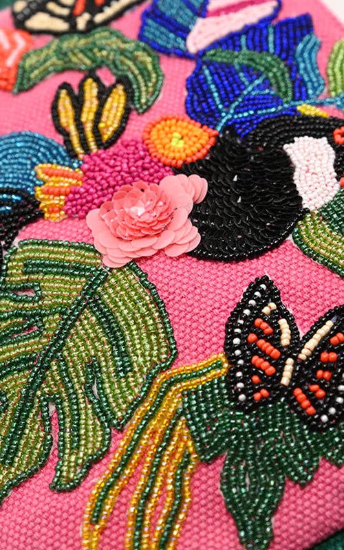 Pink Butterfly and Parrot Beaded Clutch Bag
