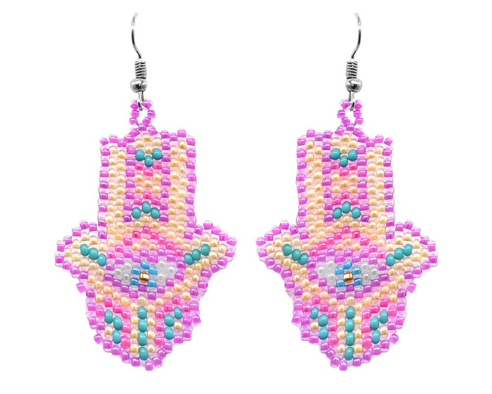 Seed Bead Hamsa Hand Shape Beaded Dangle Earrings - Las Ofrendas