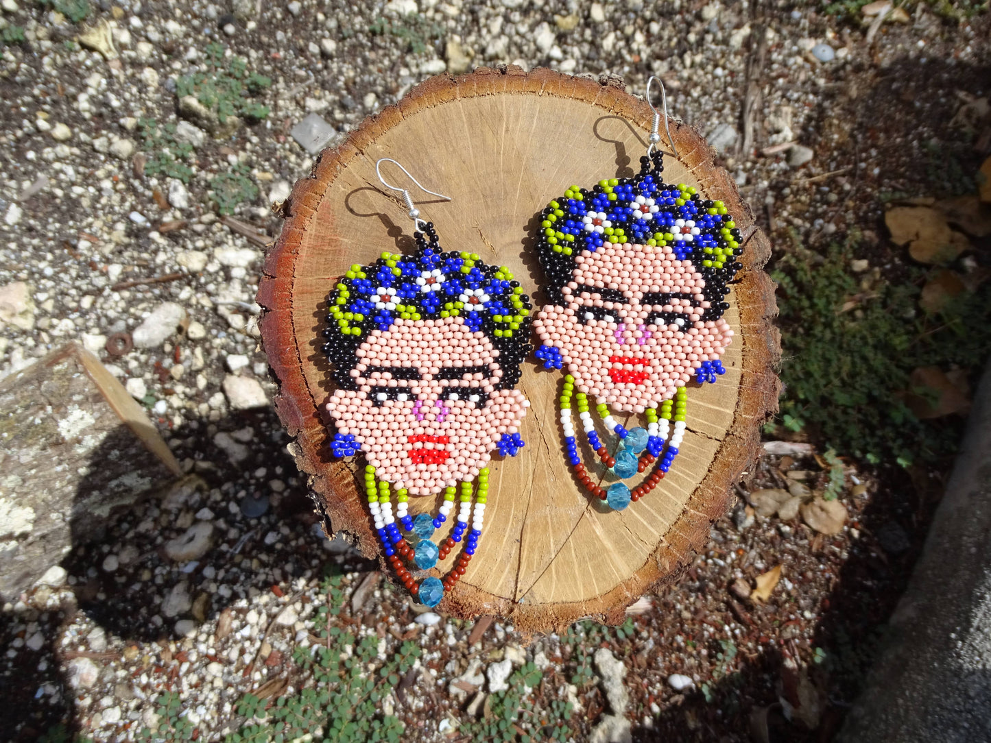 Large Seed Bead Frida Inspired Face Beaded Dangle Earrings - Las Ofrendas