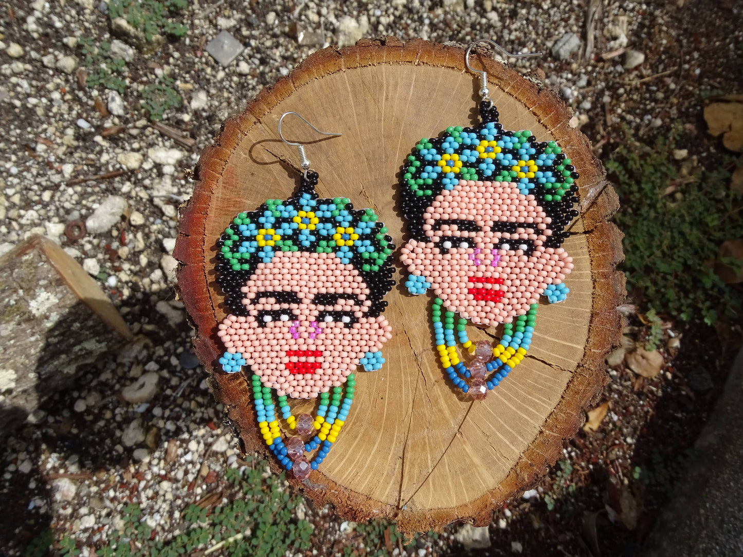 Large Seed Bead Frida Inspired Face Beaded Dangle Earrings - Las Ofrendas