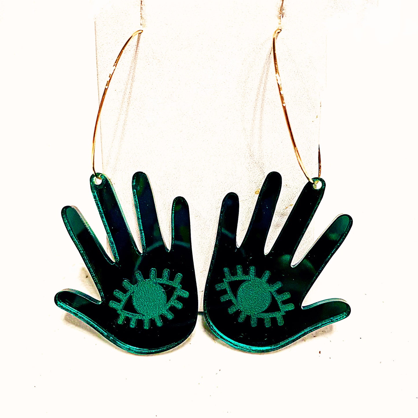 Green Hoop Eye Palm Hand Earrings
