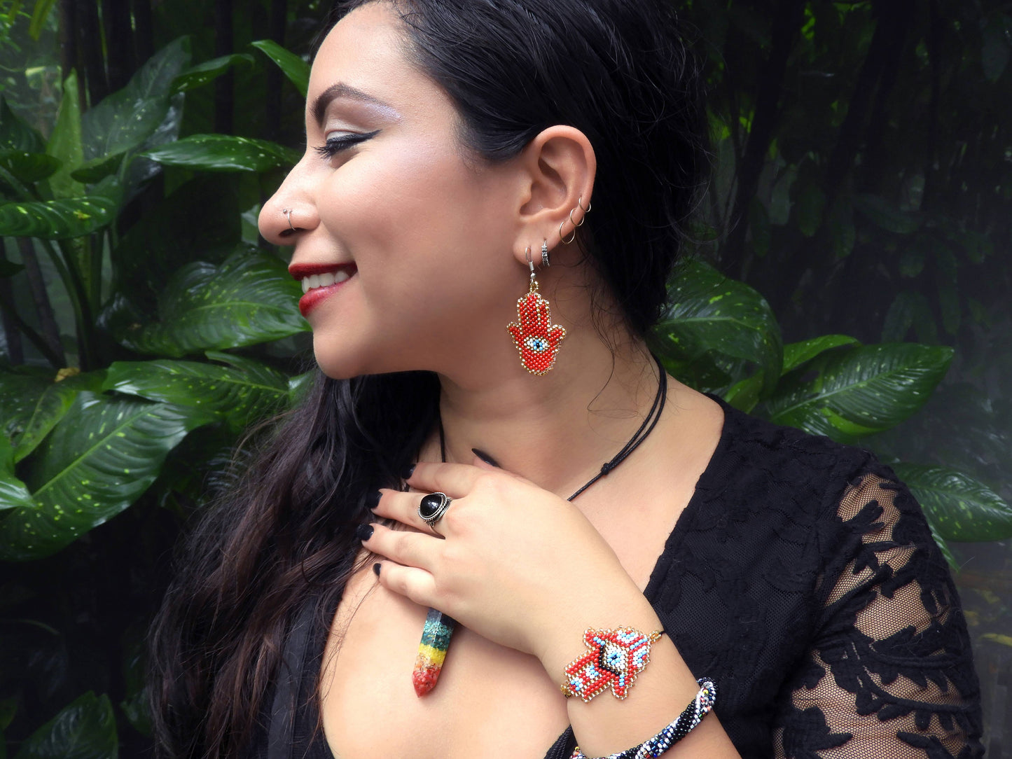 Seed Bead Hamsa Hand Shape Beaded Dangle Earrings - Las Ofrendas