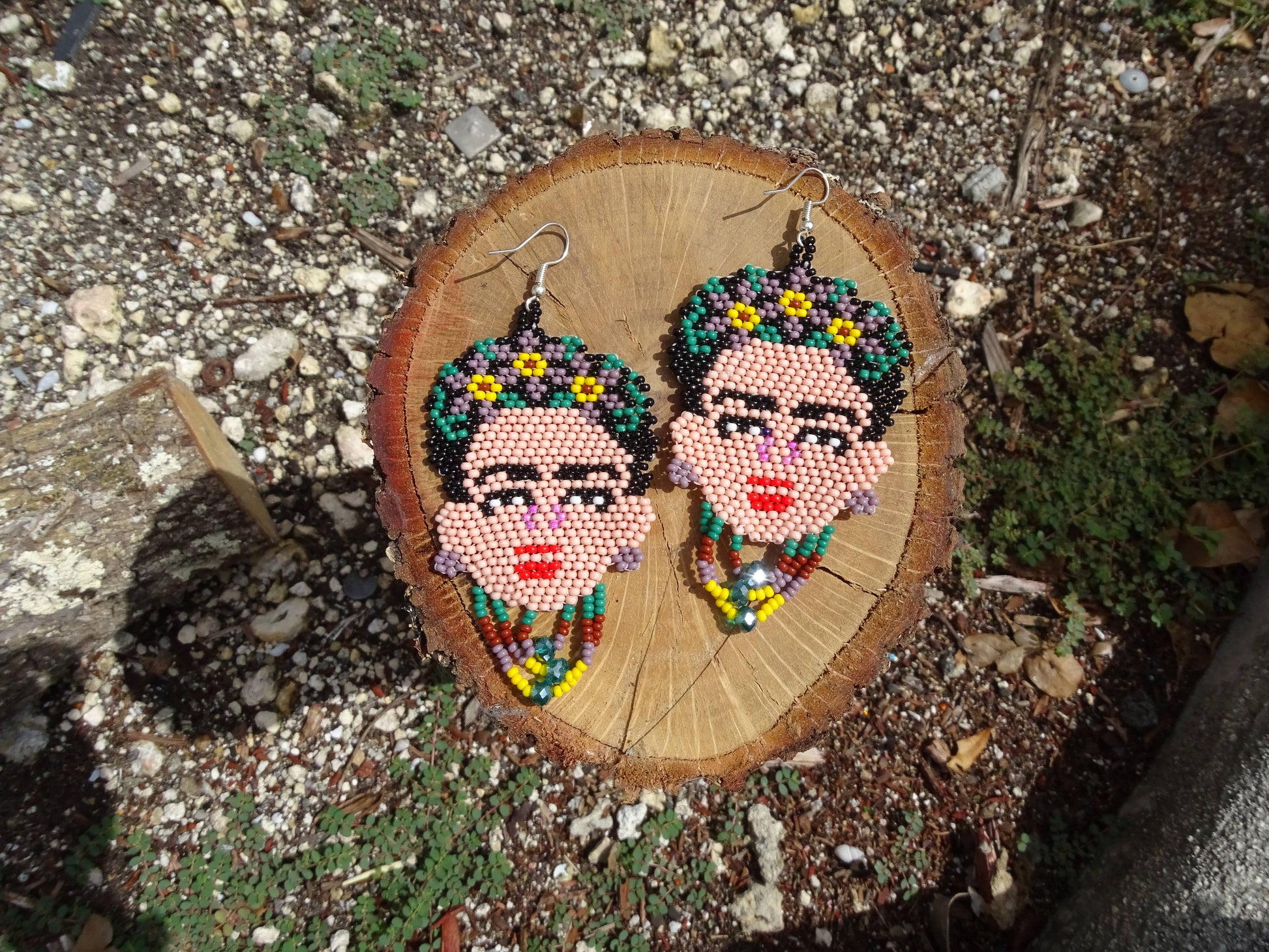 Large Seed Bead Frida Inspired Face Beaded Dangle Earrings - Las Ofrendas
