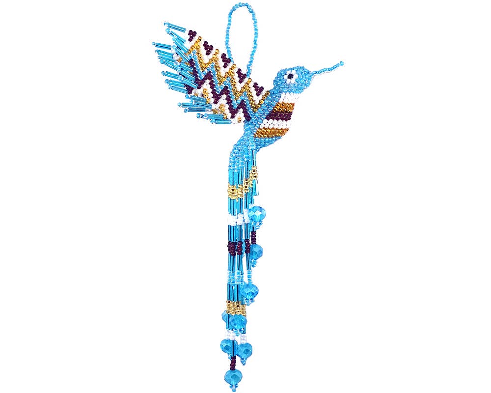Beaded Hummingbird Figurine Seed Bead Fringe Dangle Ornament - Las Ofrendas