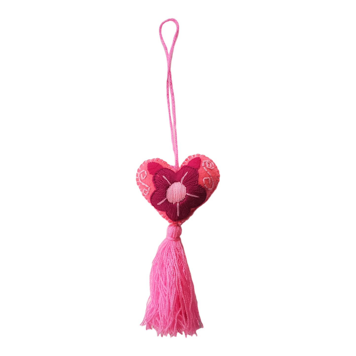 Pink Felt Heart Ornament from Chiapas Mexico