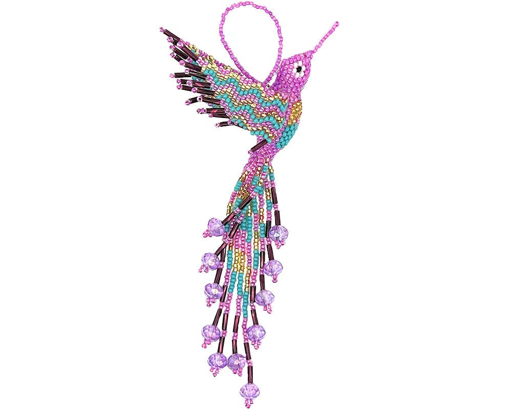 Beaded Hummingbird Figurine Seed Bead Fringe Dangle Ornament - Las Ofrendas