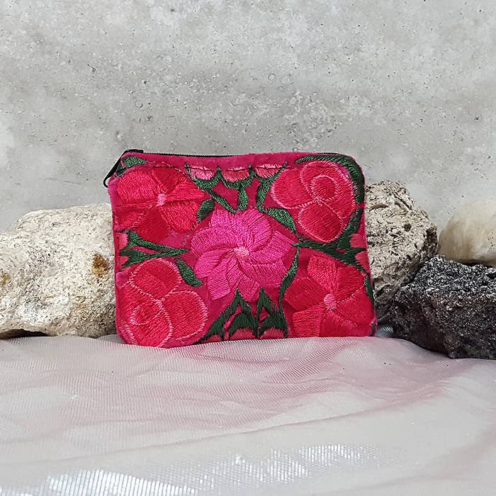 Embroidered Floral Velvet Coin Purse Pouch