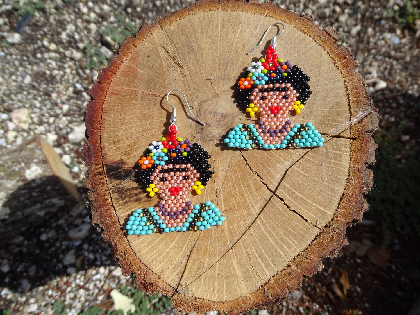 Large Seed Bead Frida Inspired Beaded Dangle Earrings - Las Ofrendas