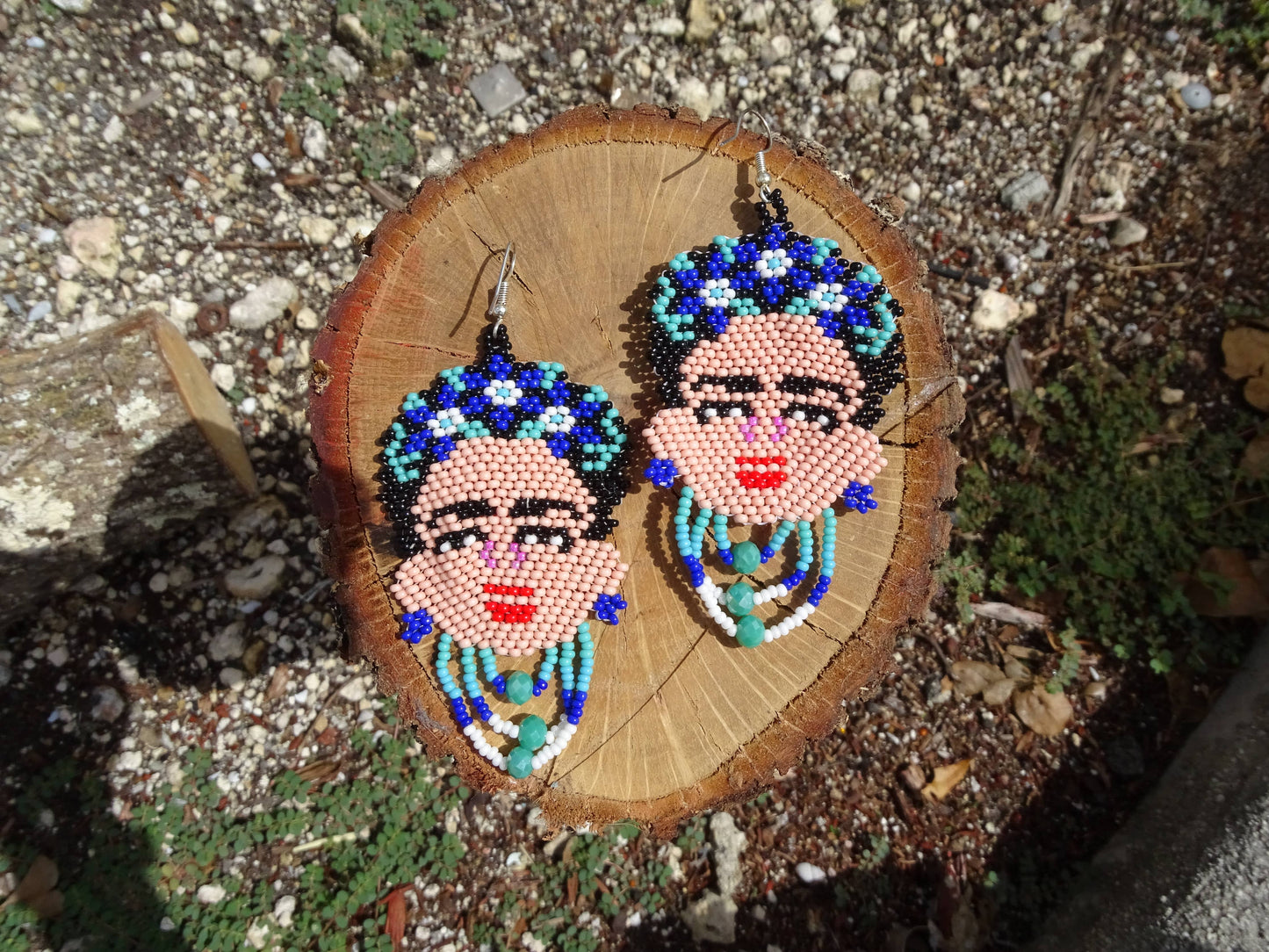 Large Seed Bead Frida Inspired Face Beaded Dangle Earrings - Las Ofrendas