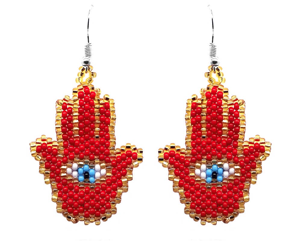 Seed Bead Hamsa Hand Shape Beaded Dangle Earrings - Las Ofrendas