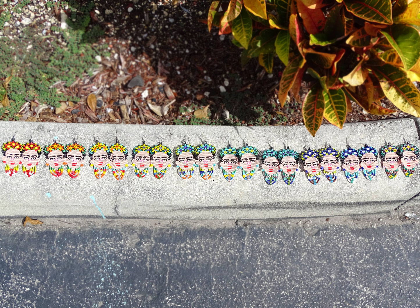 Large Seed Bead Frida Inspired Face Beaded Dangle Earrings - Las Ofrendas