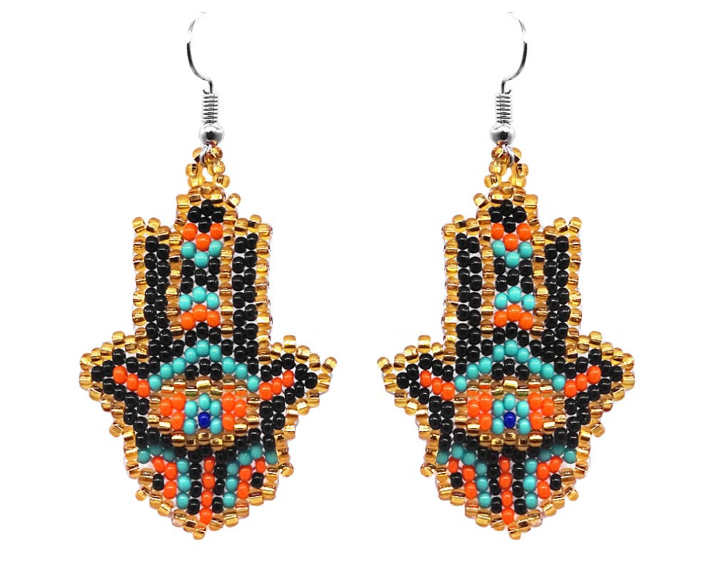 Seed Bead Hamsa Hand Shape Beaded Dangle Earrings - Las Ofrendas