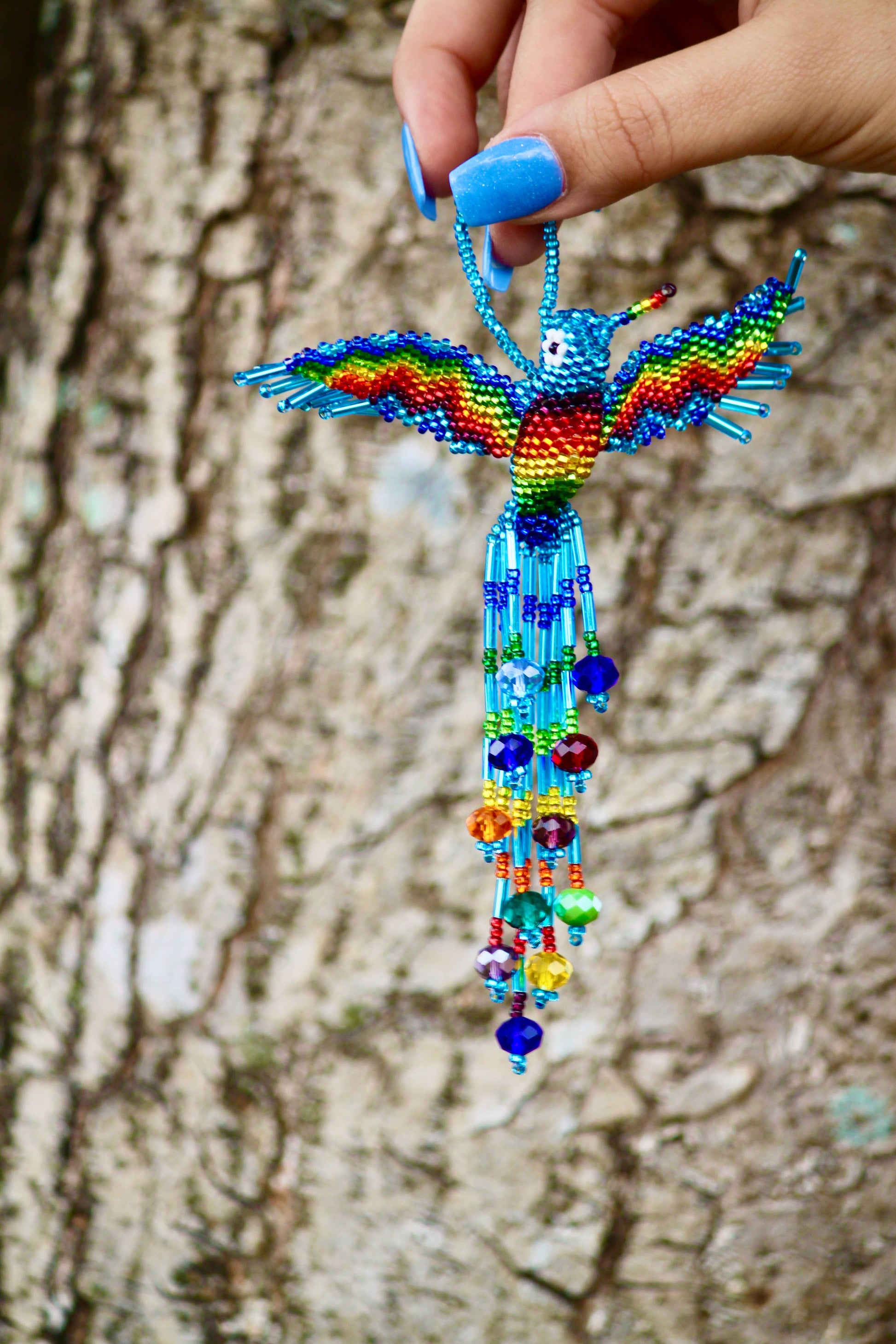 Beaded Hummingbird Figurine Seed Bead Fringe Dangle Ornament - Las Ofrendas