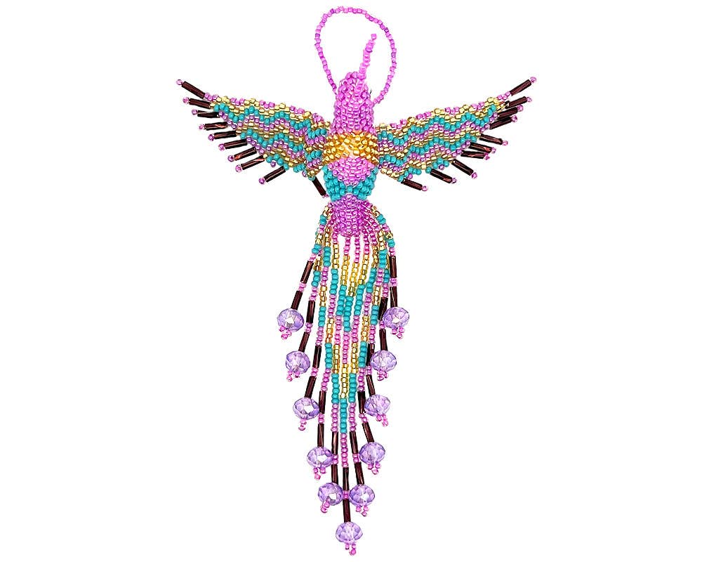 Beaded Hummingbird Figurine Seed Bead Fringe Dangle Ornament - Las Ofrendas