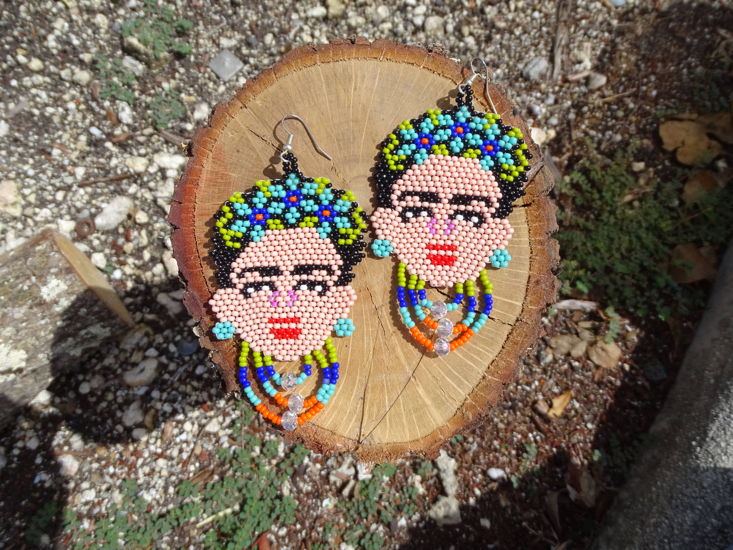 Large Seed Bead Frida Inspired Face Beaded Dangle Earrings - Las Ofrendas