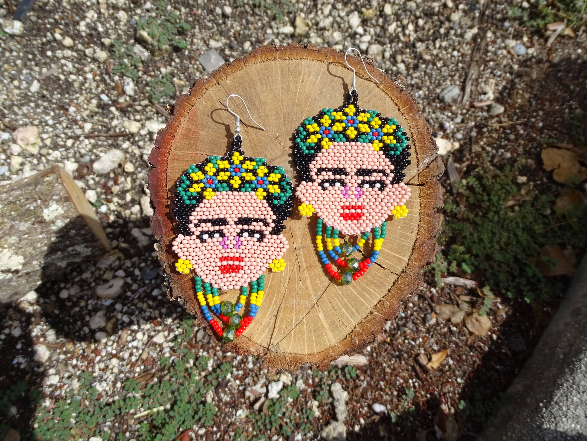 Large Seed Bead Frida Inspired Face Beaded Dangle Earrings - Las Ofrendas