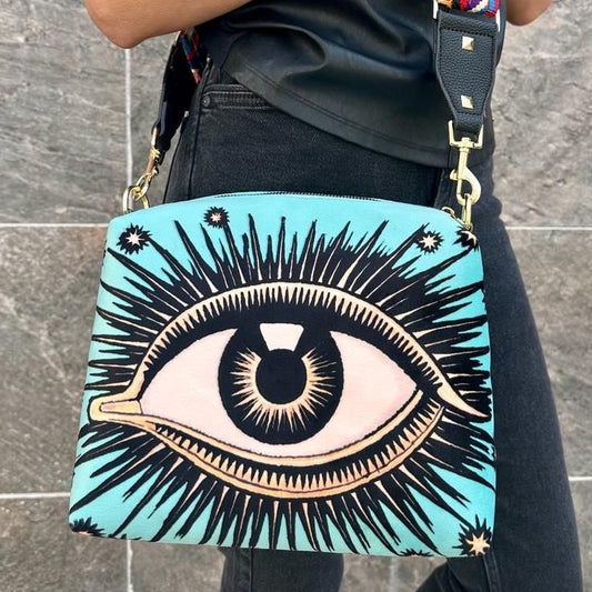 The velvet evil eye bag  *pre-order* in turquoise - Las Ofrendas 
