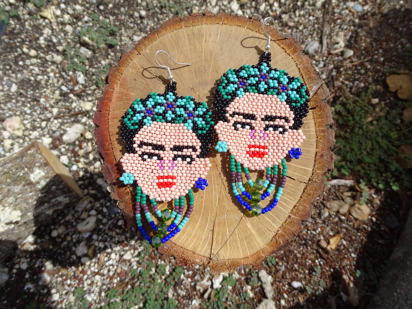 Large Seed Bead Frida Inspired Face Beaded Dangle Earrings - Las Ofrendas