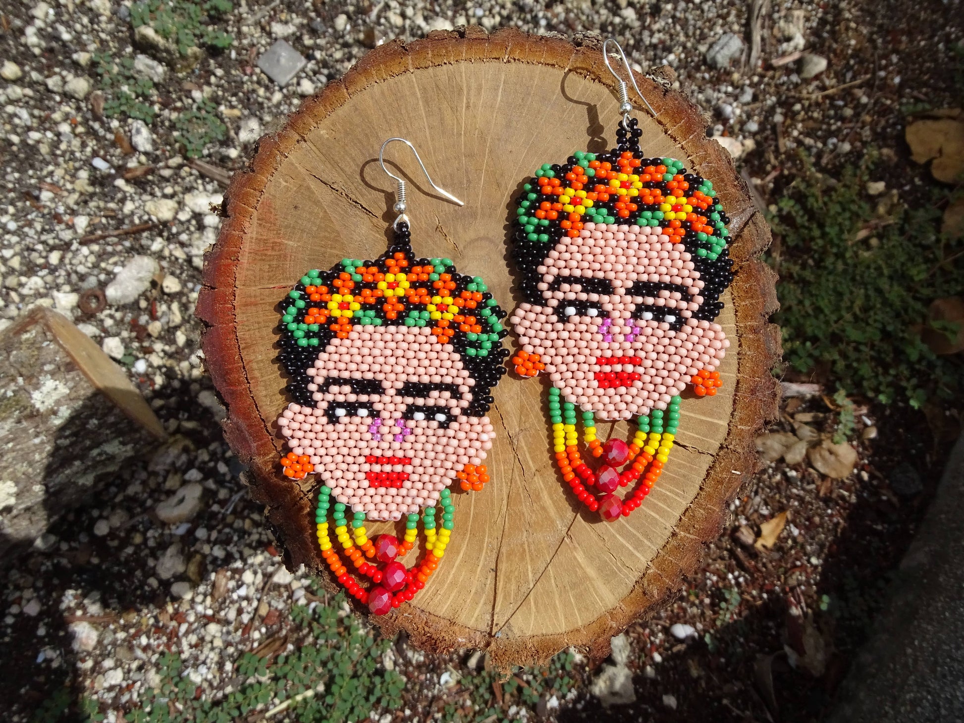 Large Seed Bead Frida Inspired Face Beaded Dangle Earrings - Las Ofrendas