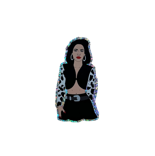 Selena in cow print jacket