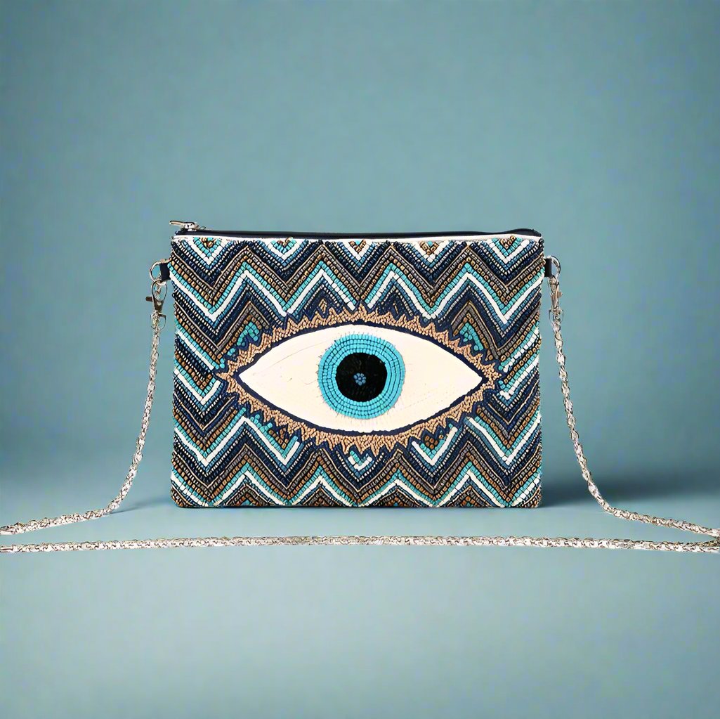 Blue beaded clutch in blue, grey and white