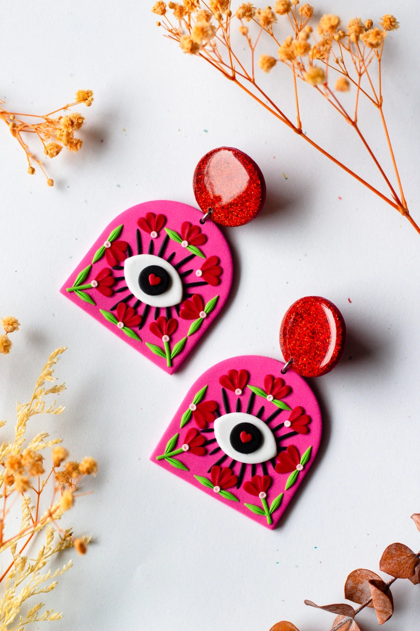 Evil Eye Polymer Clay Statement Glitter Dangle Earrings  in Red Hearts - Las Ofrendas 