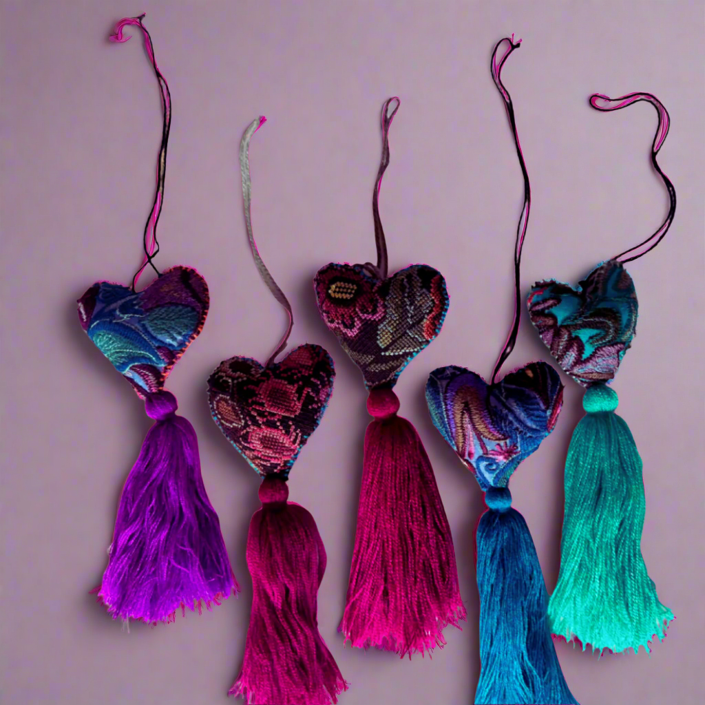 Assorted Embroidered Heart Tassel Pom Poms - Las Ofrendas