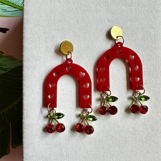 fun cute pink and cherry arch dangle earrings