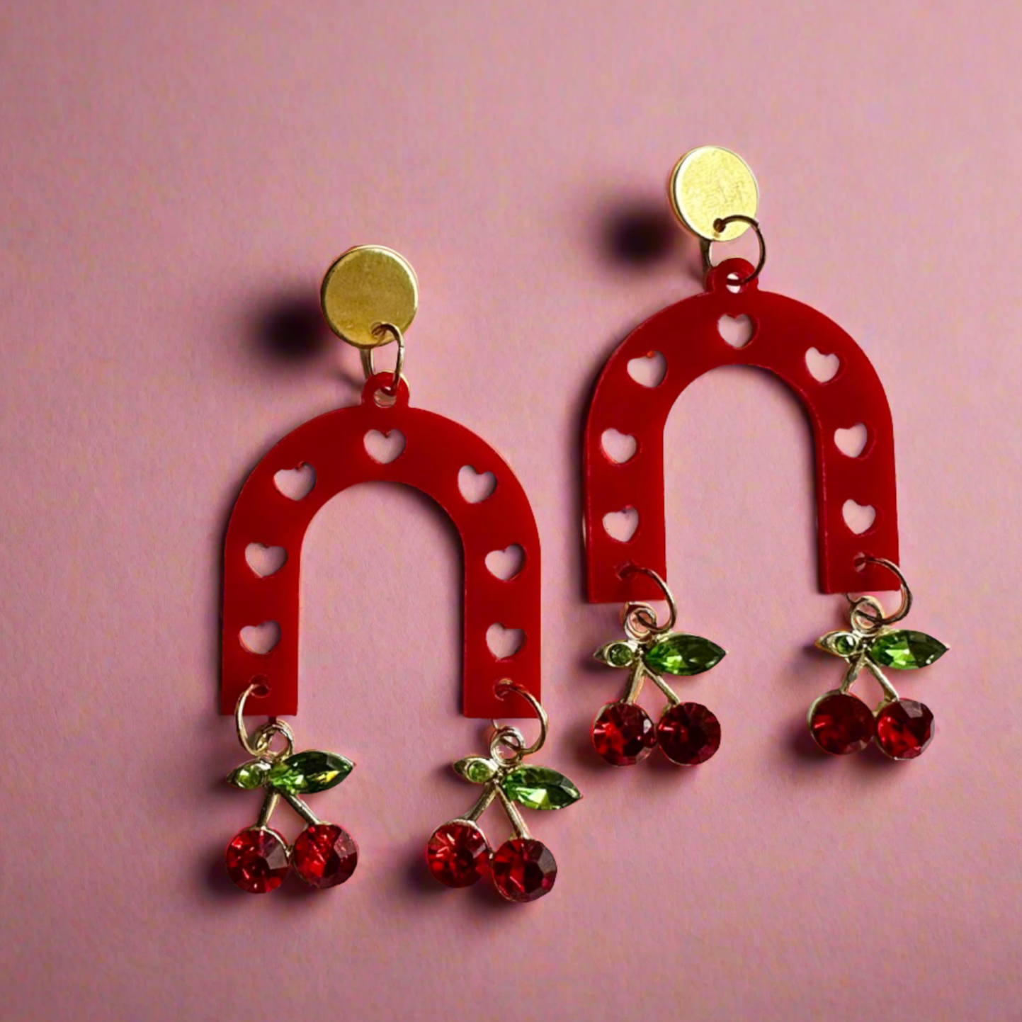 fun cute pink and cherry arch dangle earrings