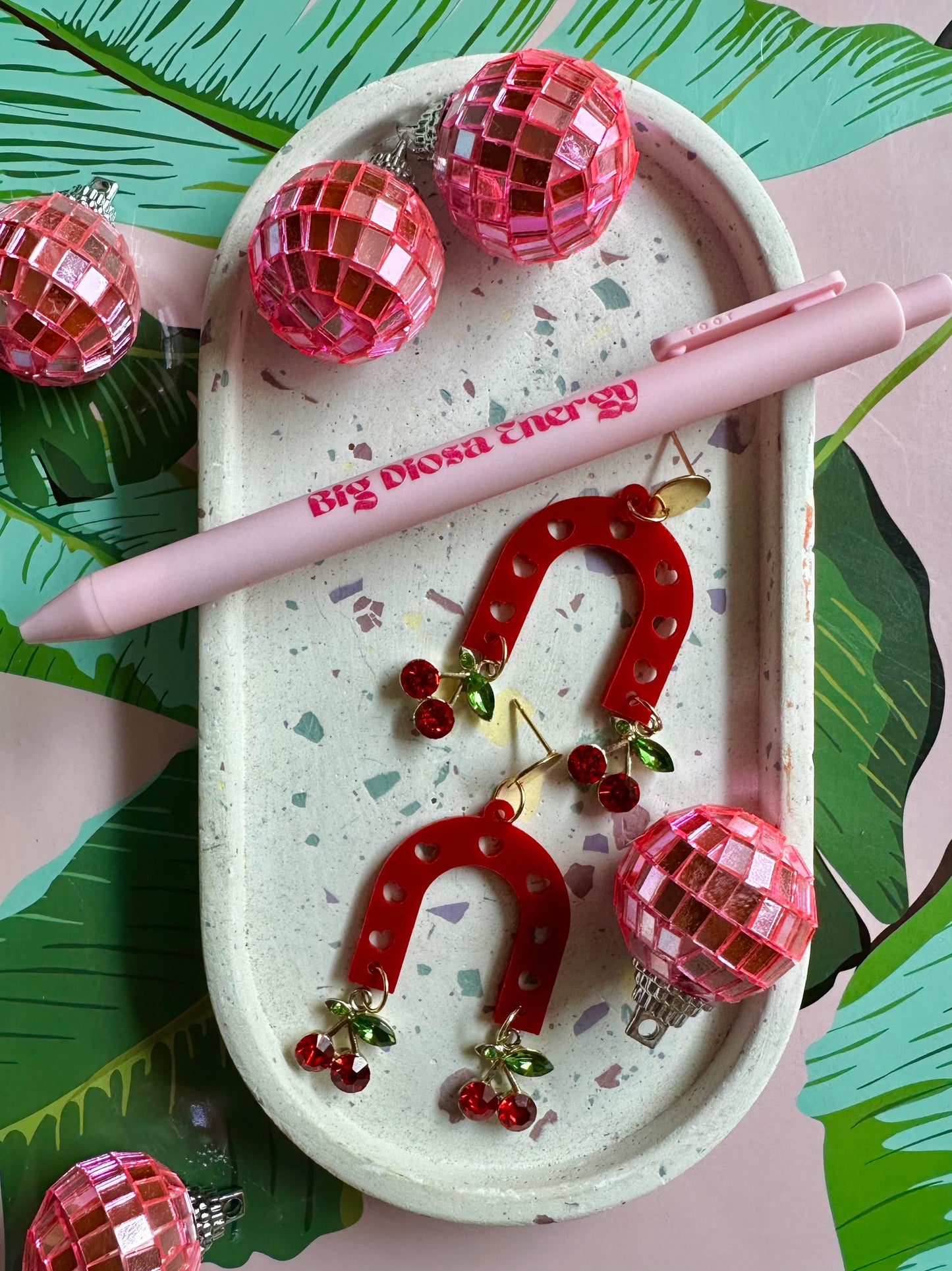 fun cute pink and cherry arch dangle earrings