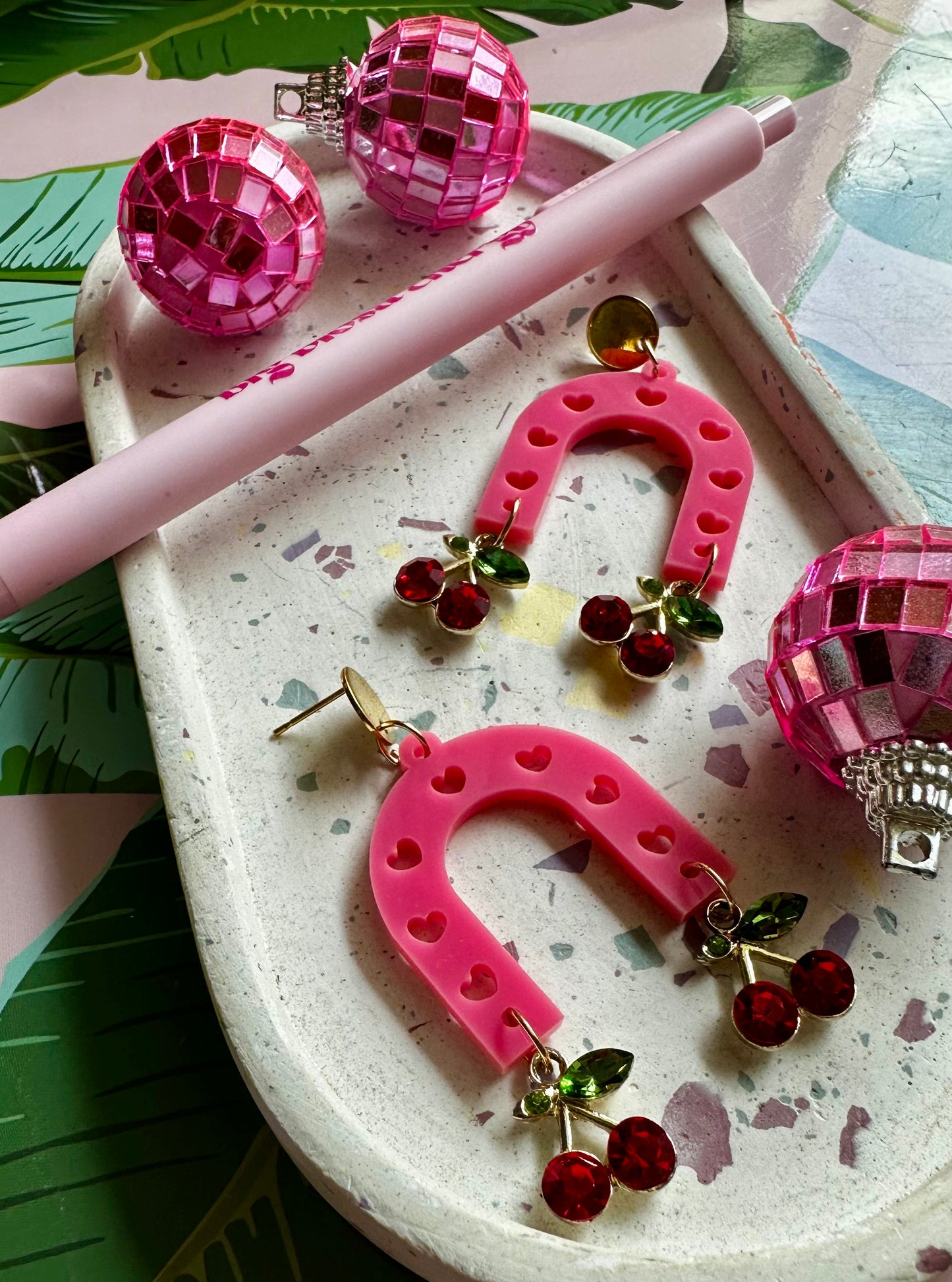 fun cute pink and cherry arch dangle earrings