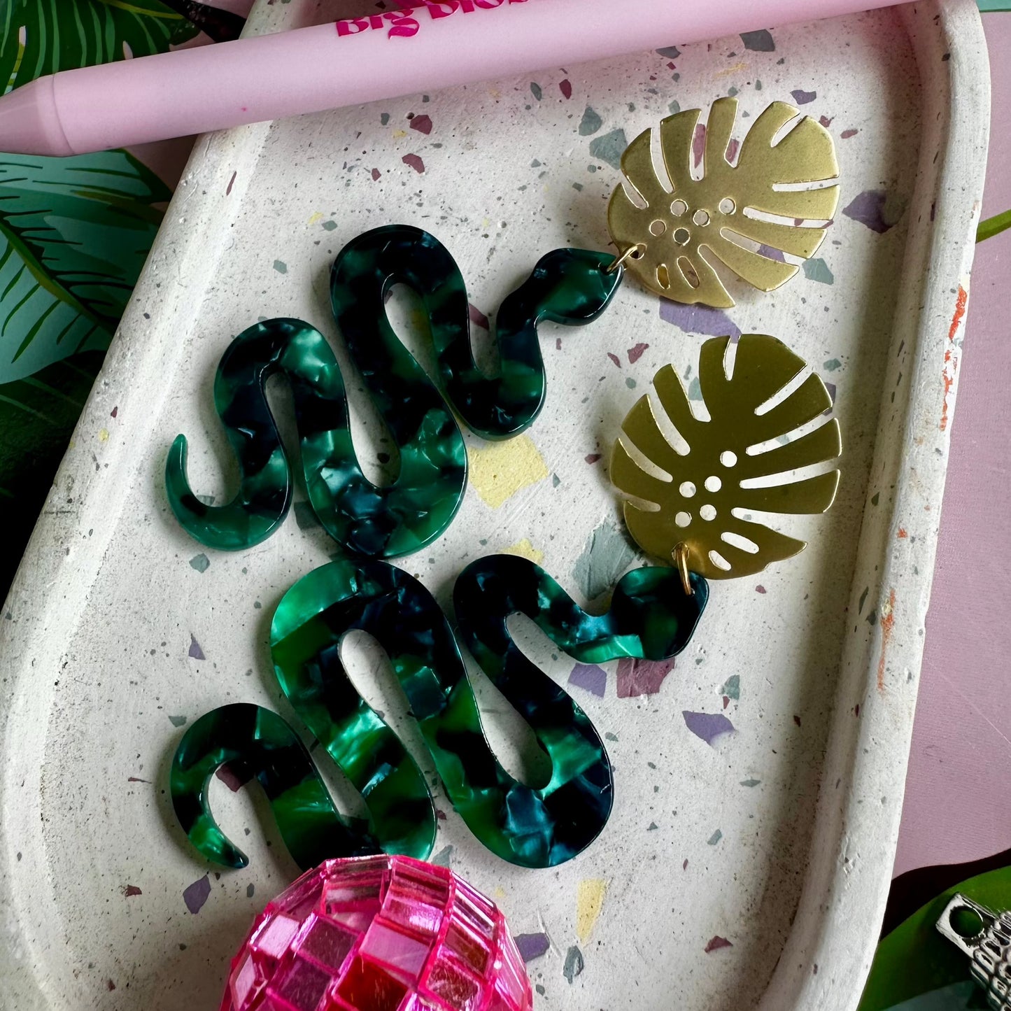 Gold Monstera Green Marble Snake Dangle Earrings