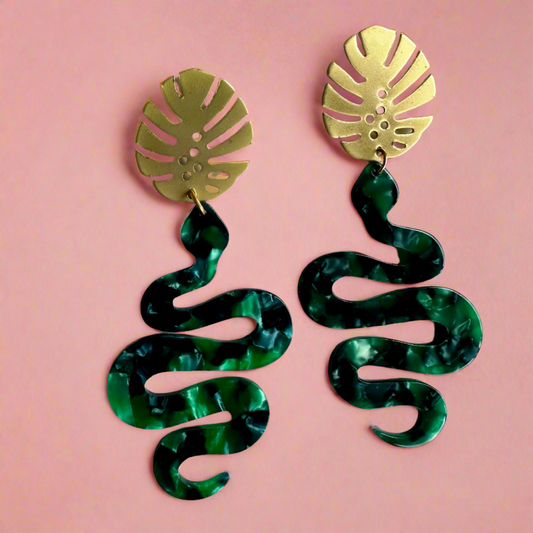 Gold Monstera Green Marble Snake Dangle Earrings