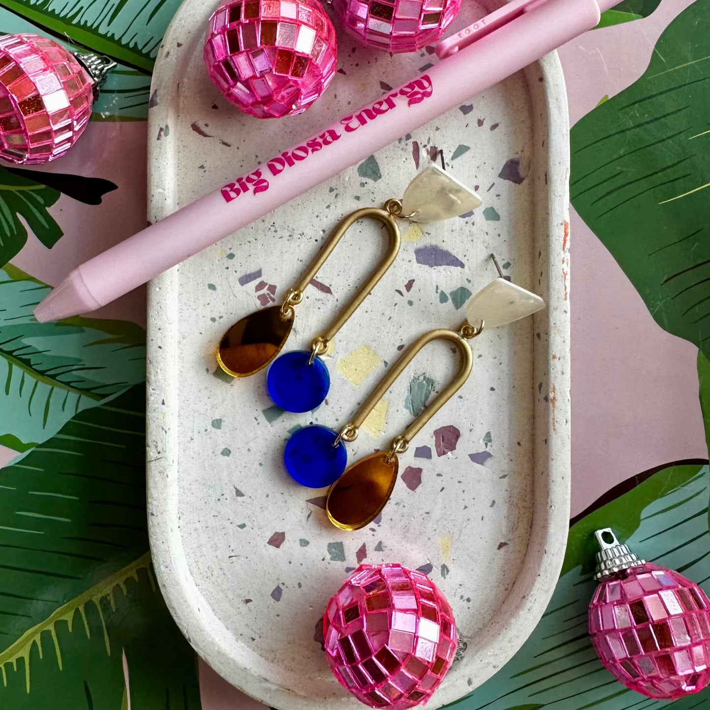 Asymmetrical Gold Arch Opal Top Blue and Gold Dangle Earrings