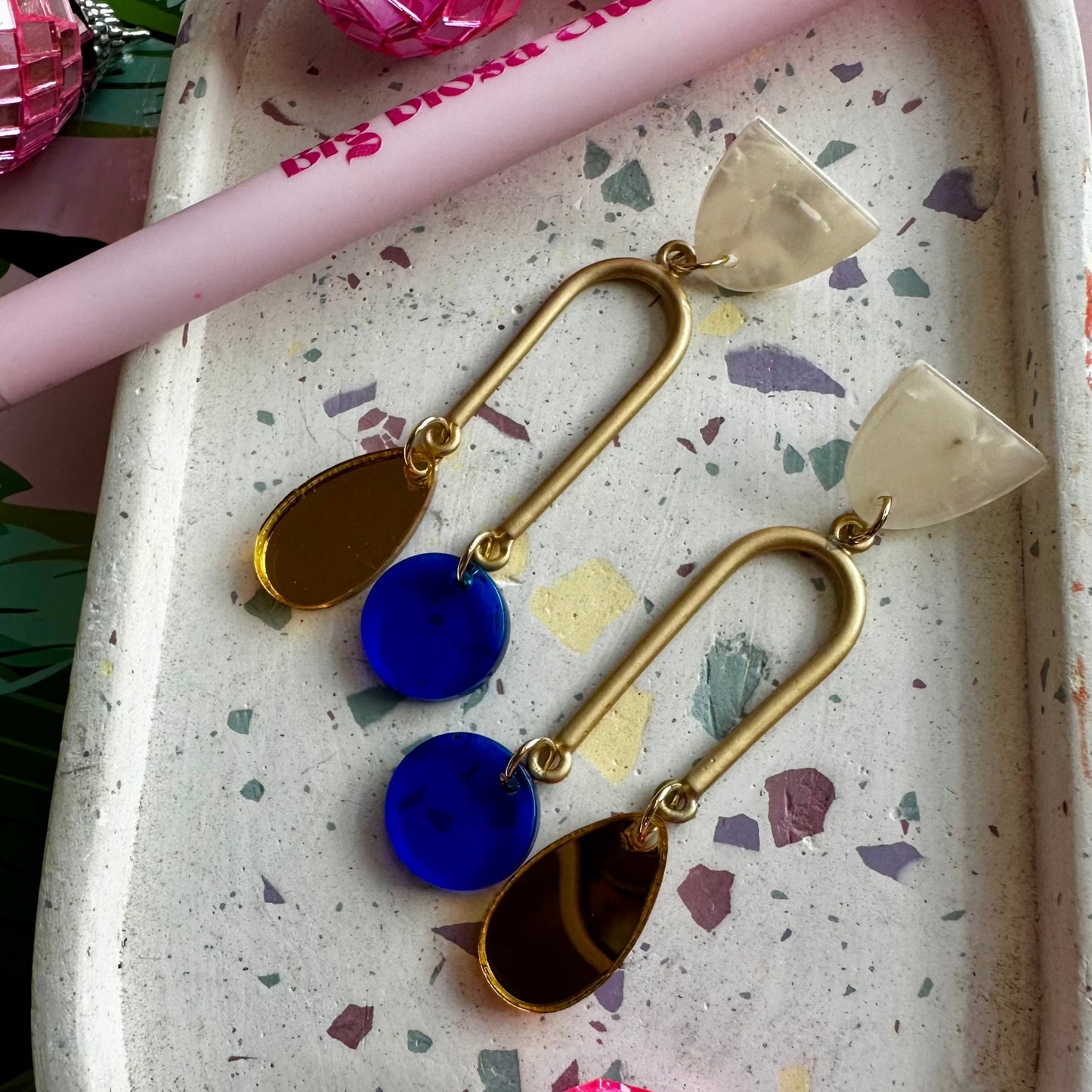Asymmetrical Gold Arch Opal Top Blue and Gold Dangle Earrings