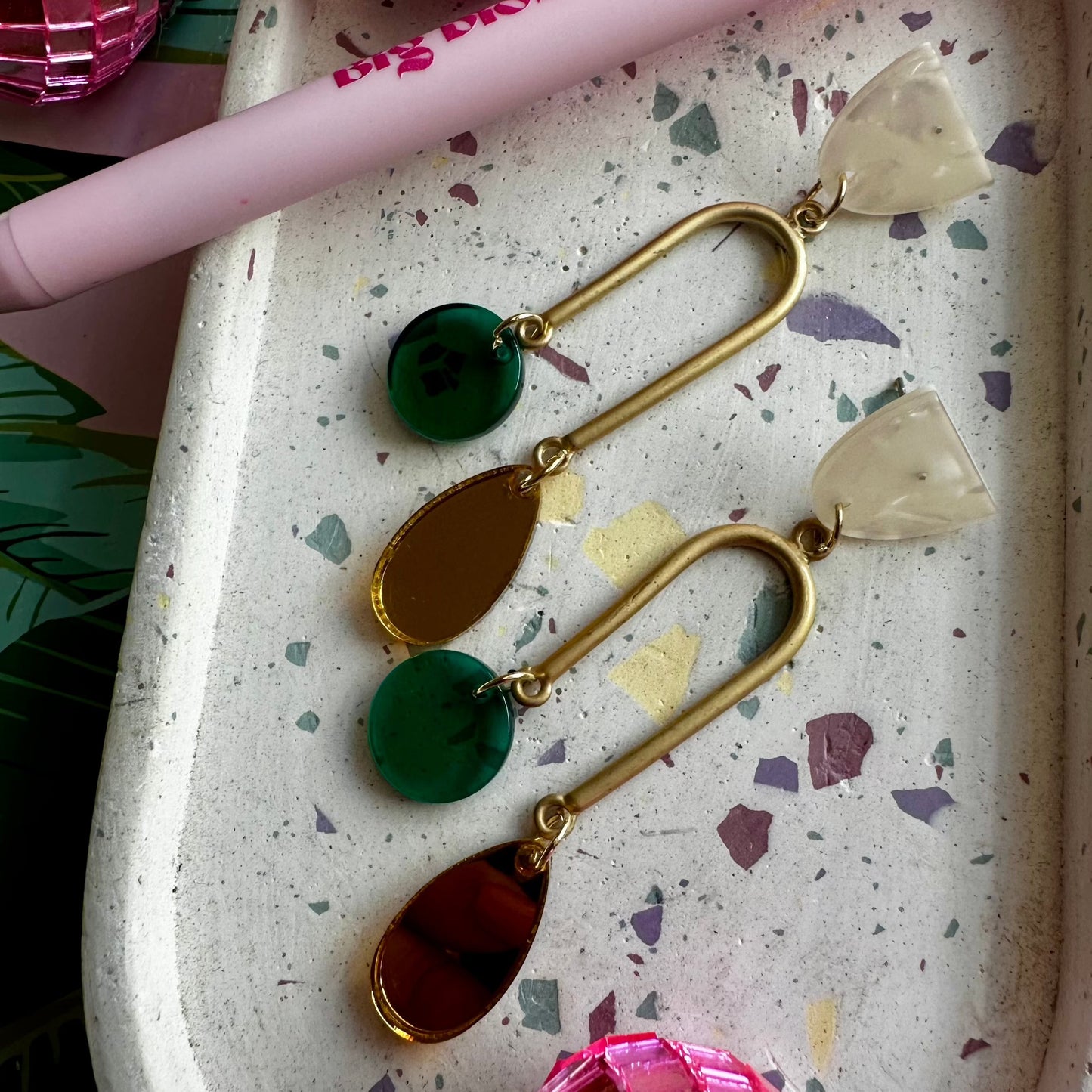 Asymmetrical Gold Arch Opal Top Green and Gold Dangle Earrings