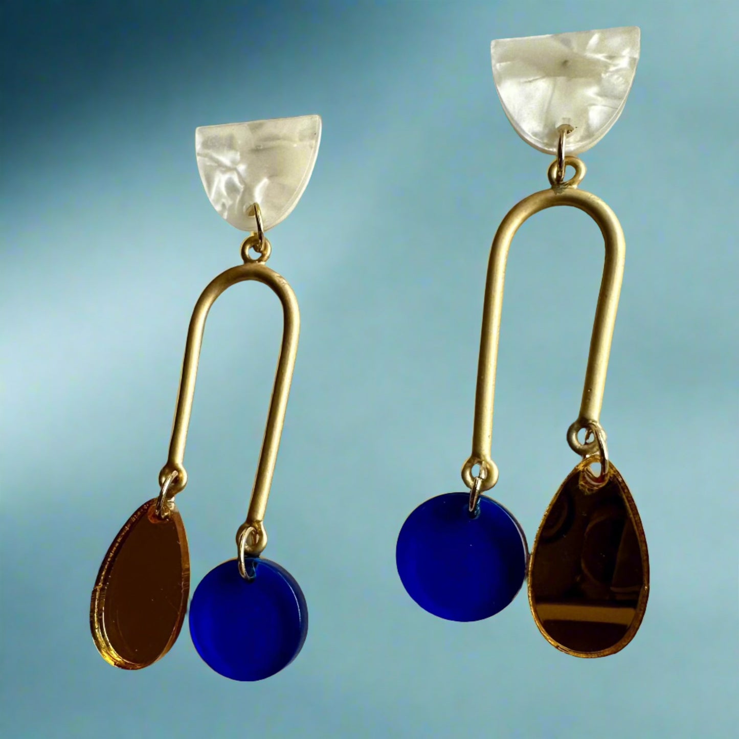 Asymmetrical Gold Arch Opal Top Blue and Gold Dangle Earrings