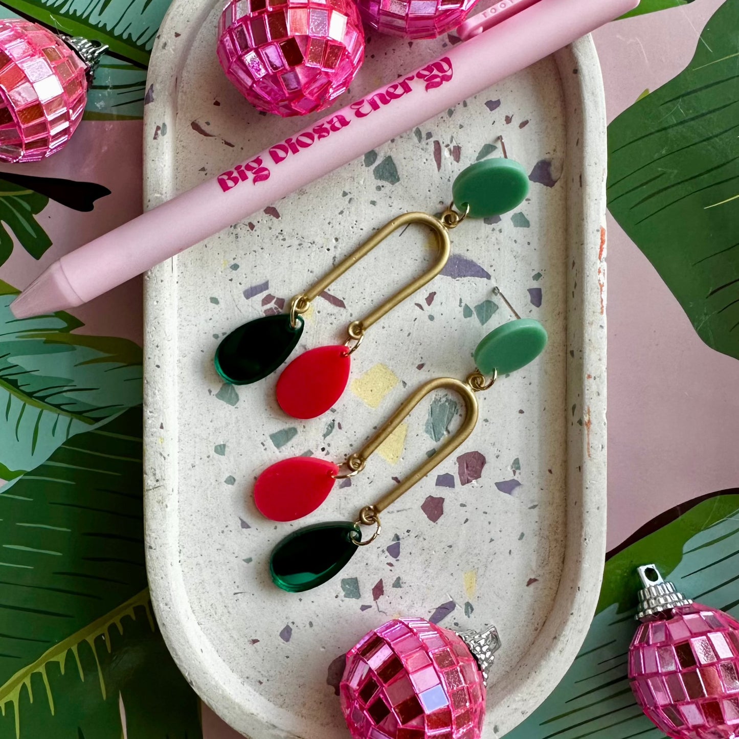 Asymmetrical Gold Arch Green Top Pink and Green Dangle Earrings