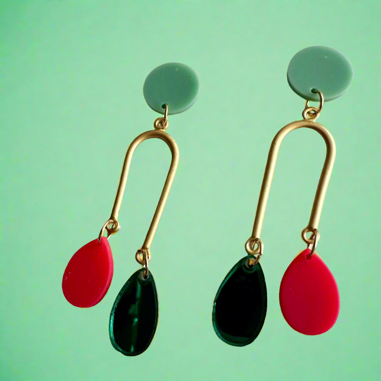Asymmetrical Gold Arch Green Top Pink and Green Dangle Earrings