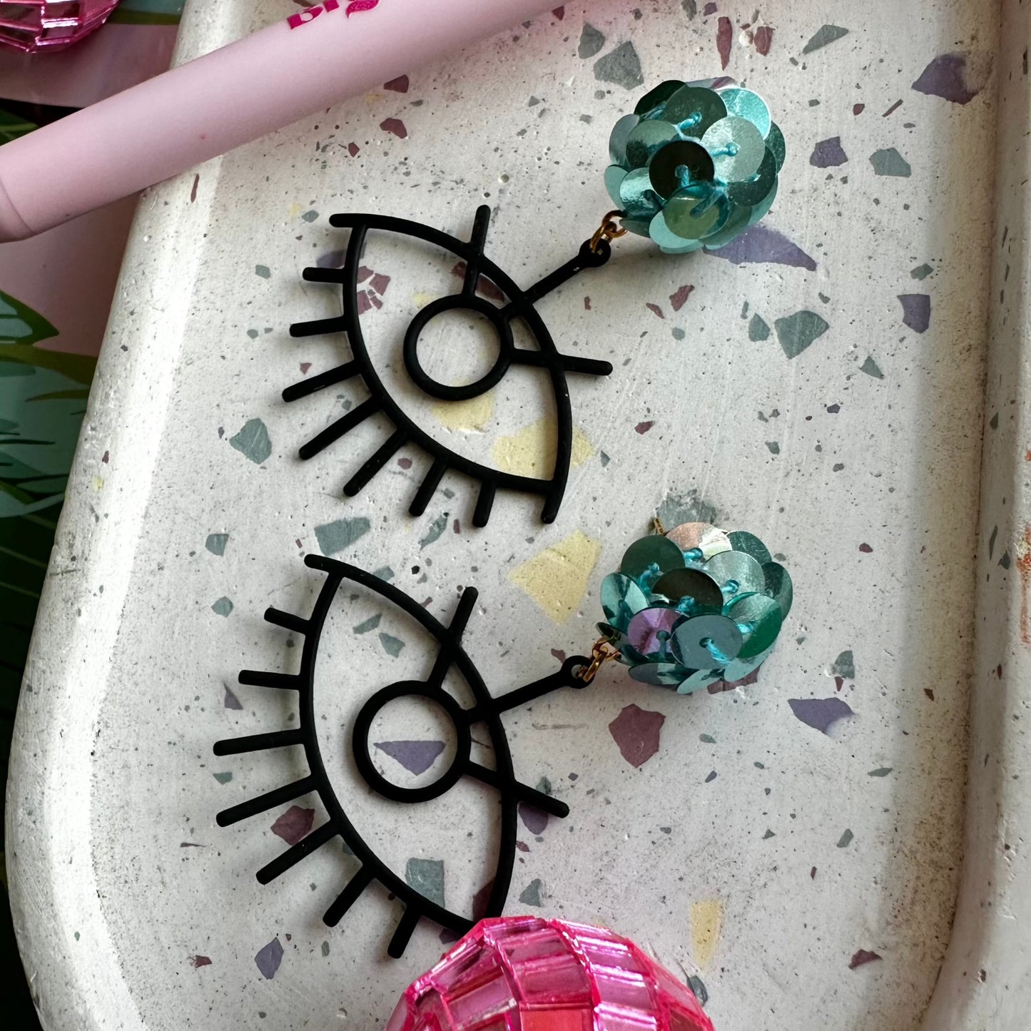 Blue Sequins Bead Black Evil Eye statement earrings