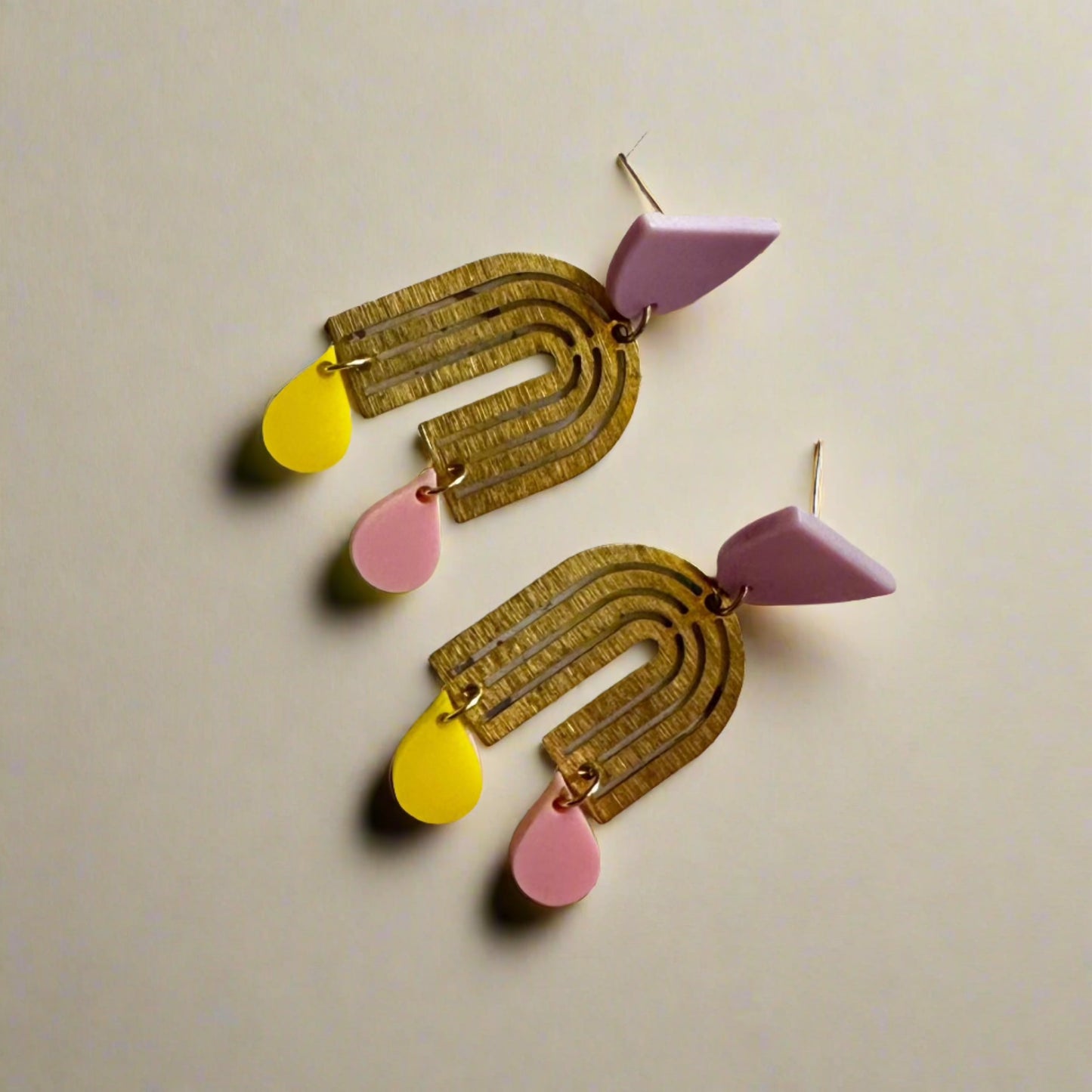 brass assymetrical lilac pink and yellow teardrop rainbow earrings