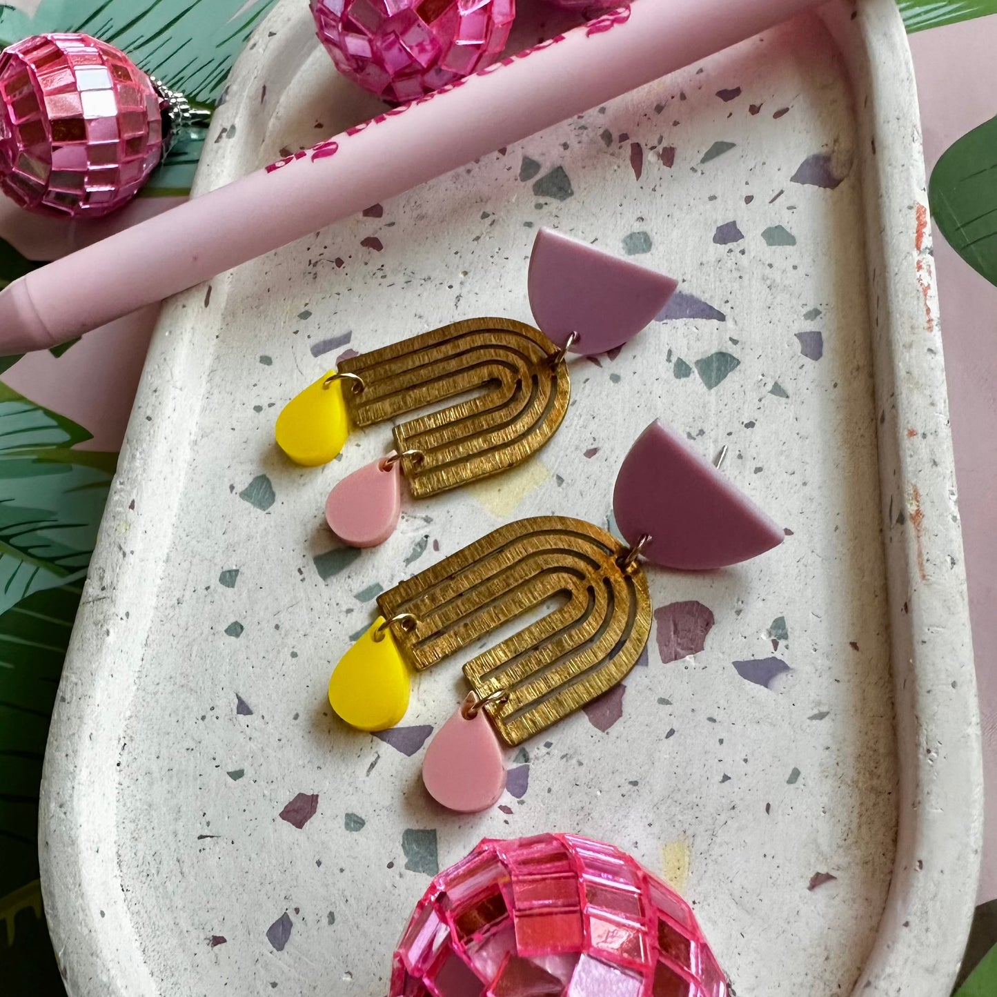 brass assymetrical lilac pink and yellow teardrop rainbow earrings