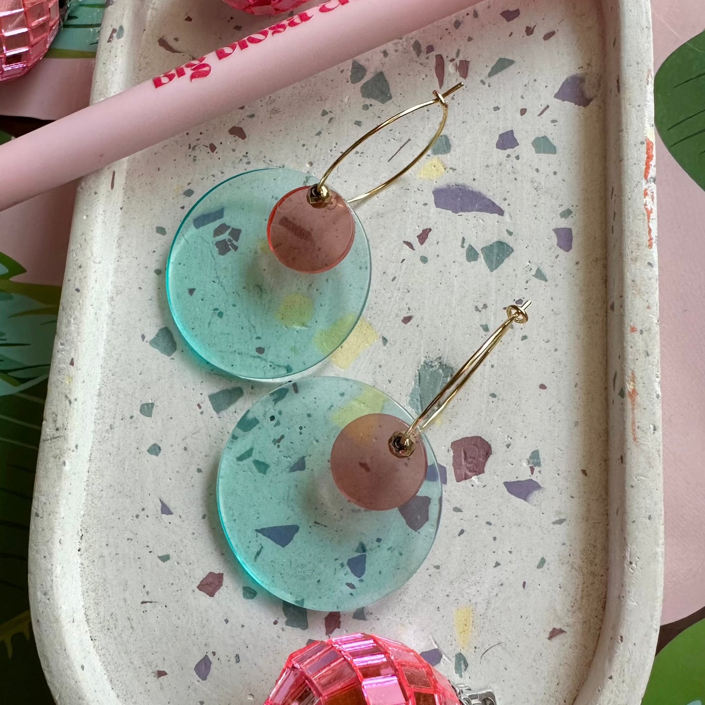 Gold hoop with blue and pink circle dangle