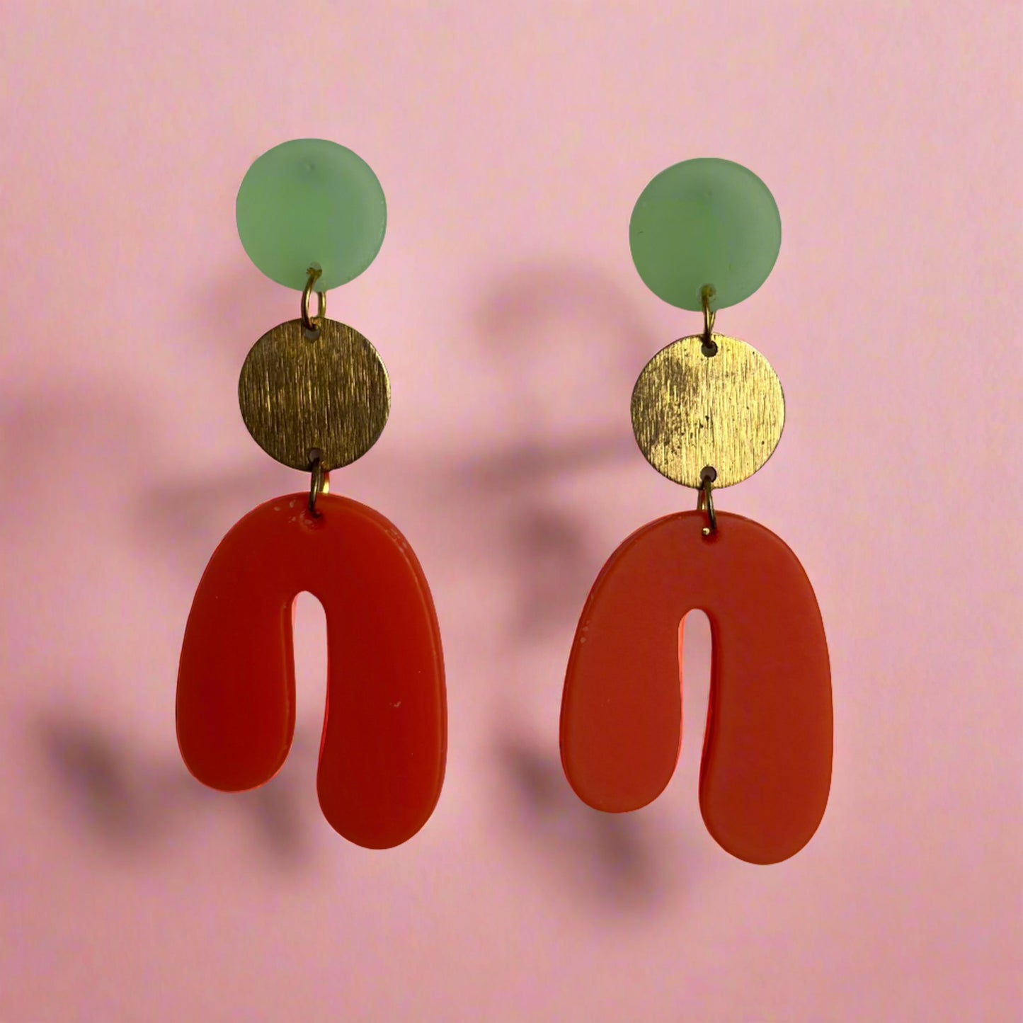 Coral Orange Asymmetrical Arch Green Gold Circle Top Triple Layer Dangle Earrings
