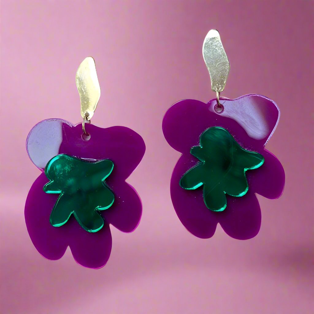 Purple green gold flower power earrings