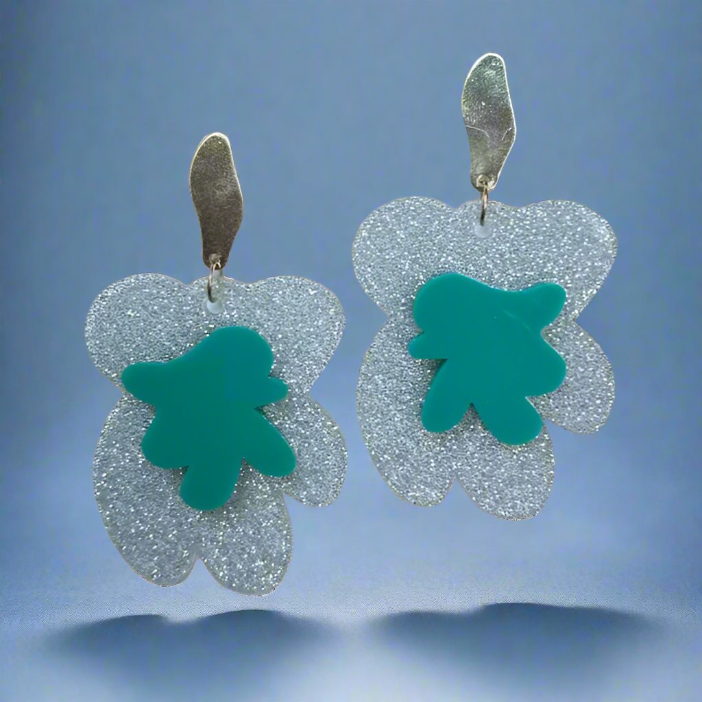 Silver glitter flower power earrings with gold posts