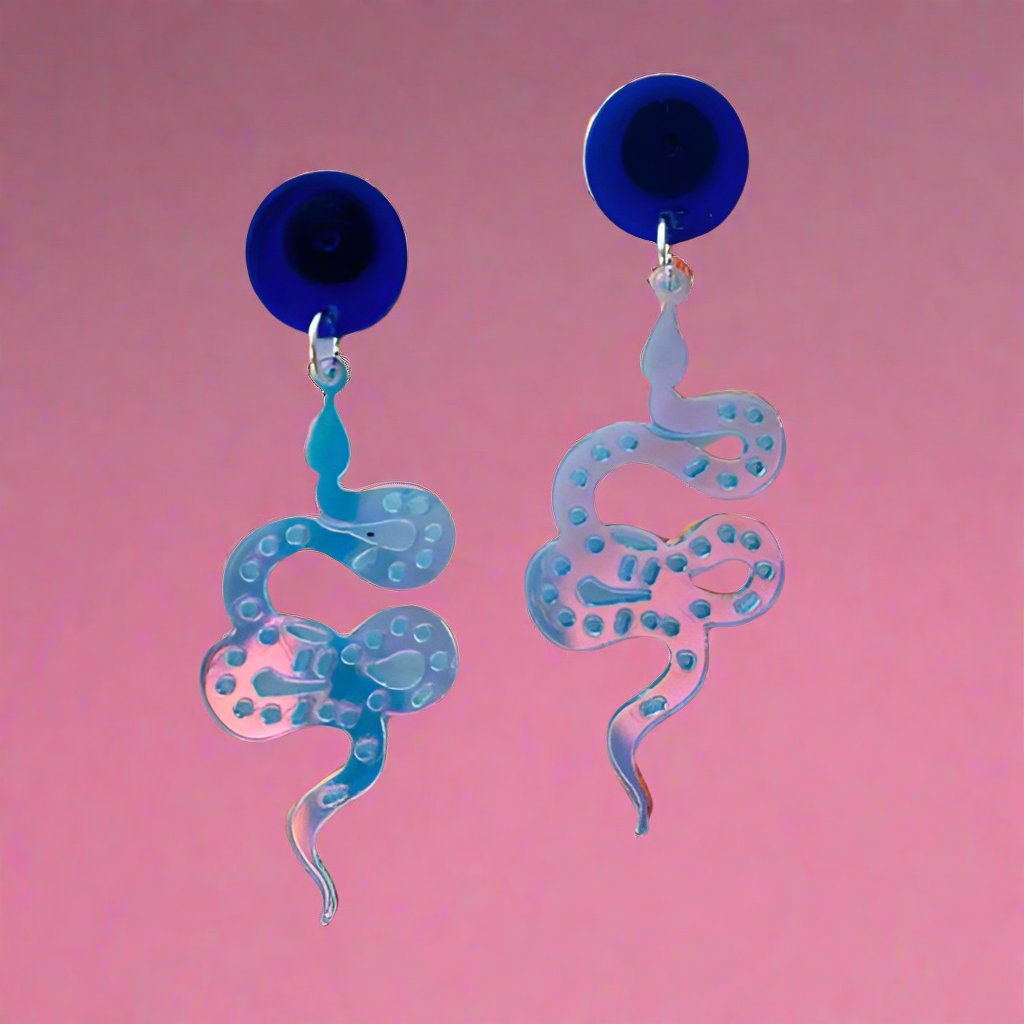 blue playful iridescent serpent earrings