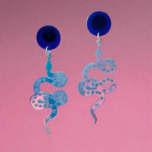 blue playful iridescent serpent earrings
