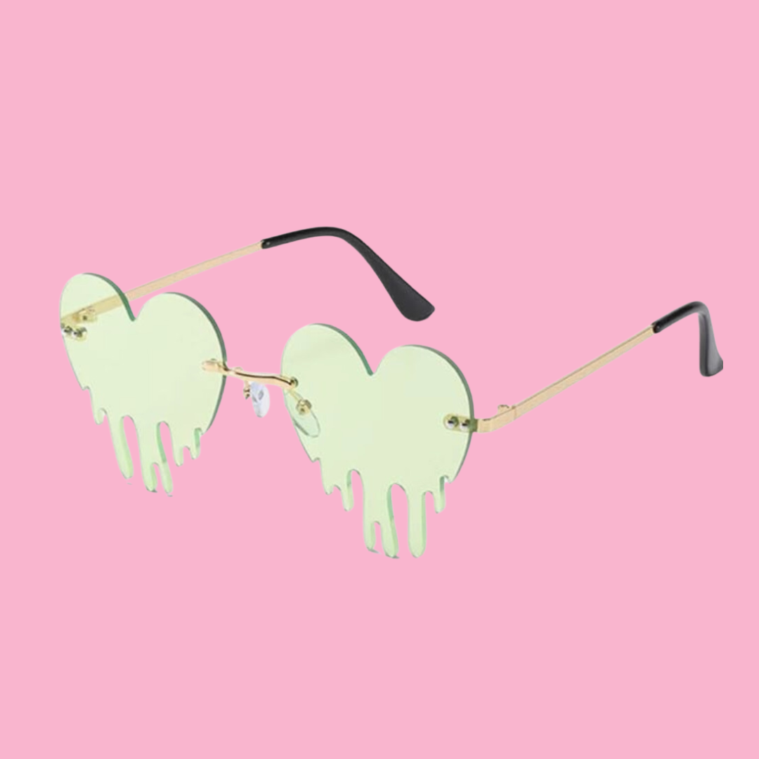 Green Clear Drippy Heart Adult Sunglasses