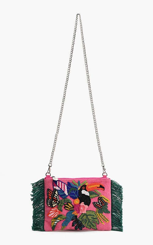 Pink Butterfly and Parrot Beaded Clutch Bag